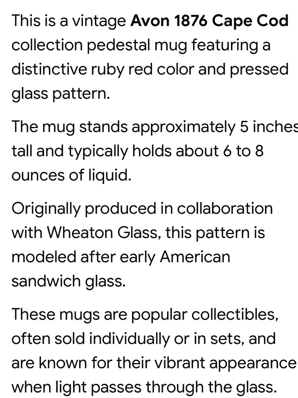 AVON Ruby Red Cape Cod Footed Pedestal Mug Holiday Collectable - Picture 10 of 10